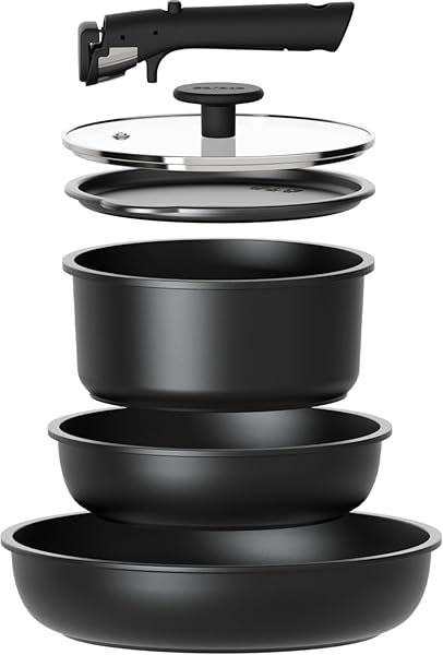 CAROTE 6pcs Pots and Pans Set Non Stick, Cookware Sets, Kitchen Set, Oven/Fridge Safe, Space Saving Pots Set, Nonstick Cooking Set with Versatile Detachable Handle, Induction RV Set, Jet Black