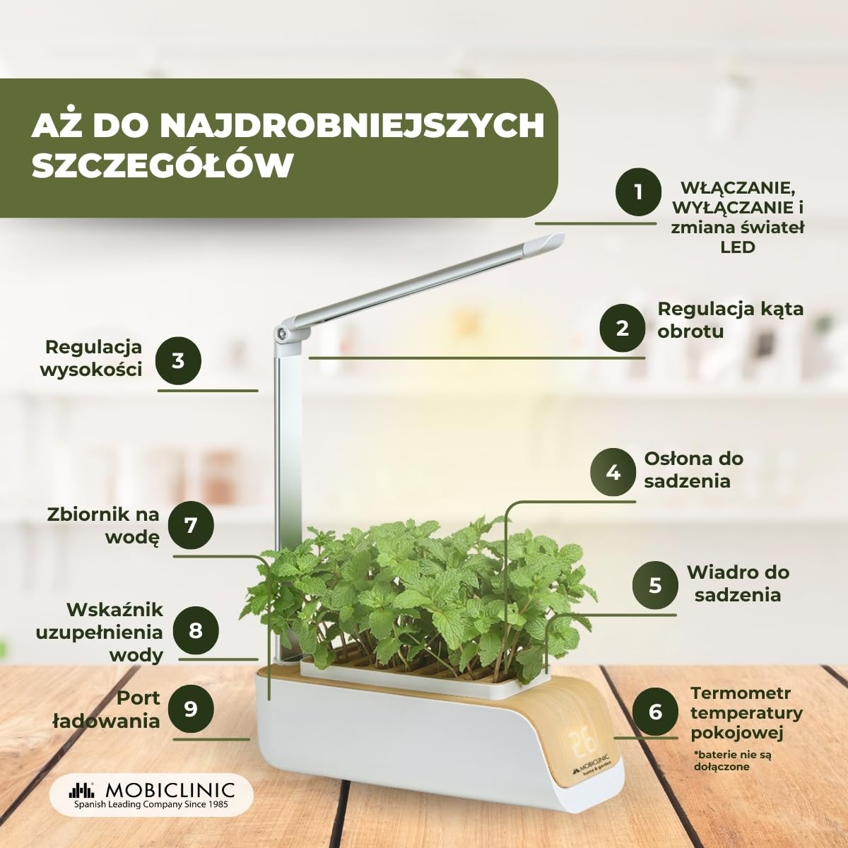 Mobiclinic®, Hydroponiczny system uprawy, Mini-grow, Światł do regulowana wysokość i kąt, Timer wody przypomnienie, Zestaw kiełkowania roślin, Automatyczna dioda led, 4, 5 w