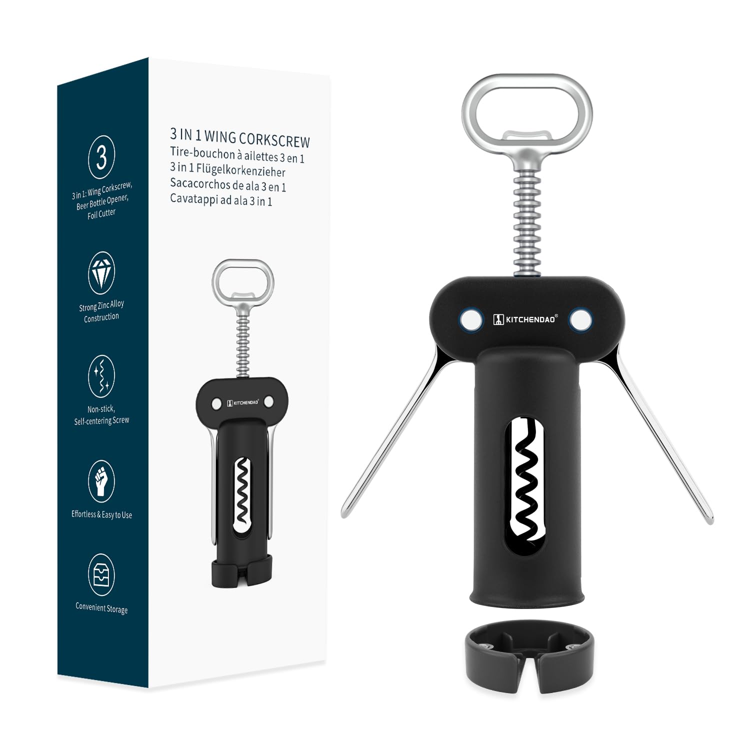 KITCHENDAO 3-in-1 Flügelkorkenzieher Weinflaschenöffner mit Folienschneider, integrierter Bierflaschenöffner, multifunktionaler Weinöffner mit antihaftbeschichteter scharfer Schraube, einfach zu