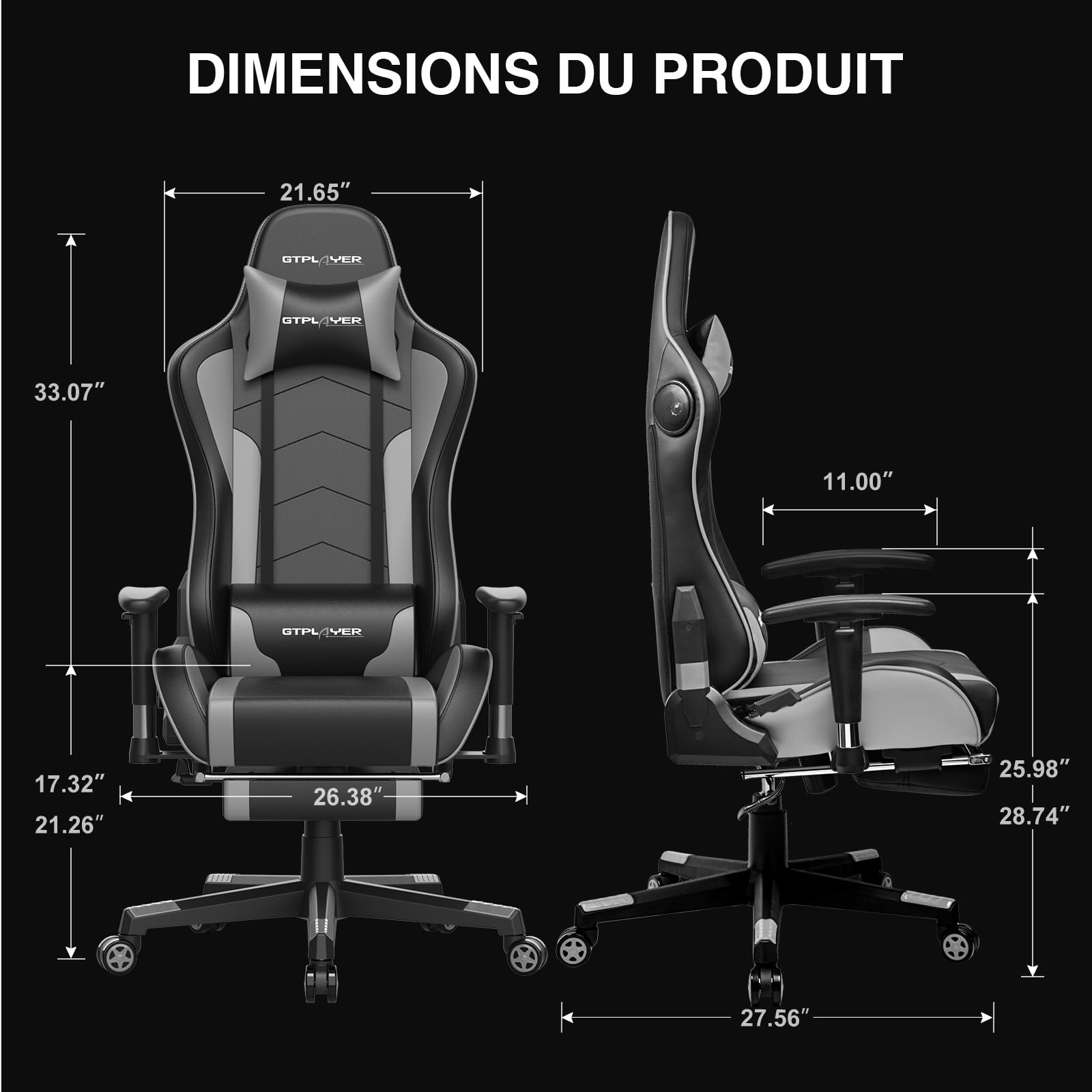 GTPLAYER Chaise Gaming Repose-Pieds Haut-Parleur Bluetooth Fauteuil Gamer Gris Siège Ergonomique (Gris)