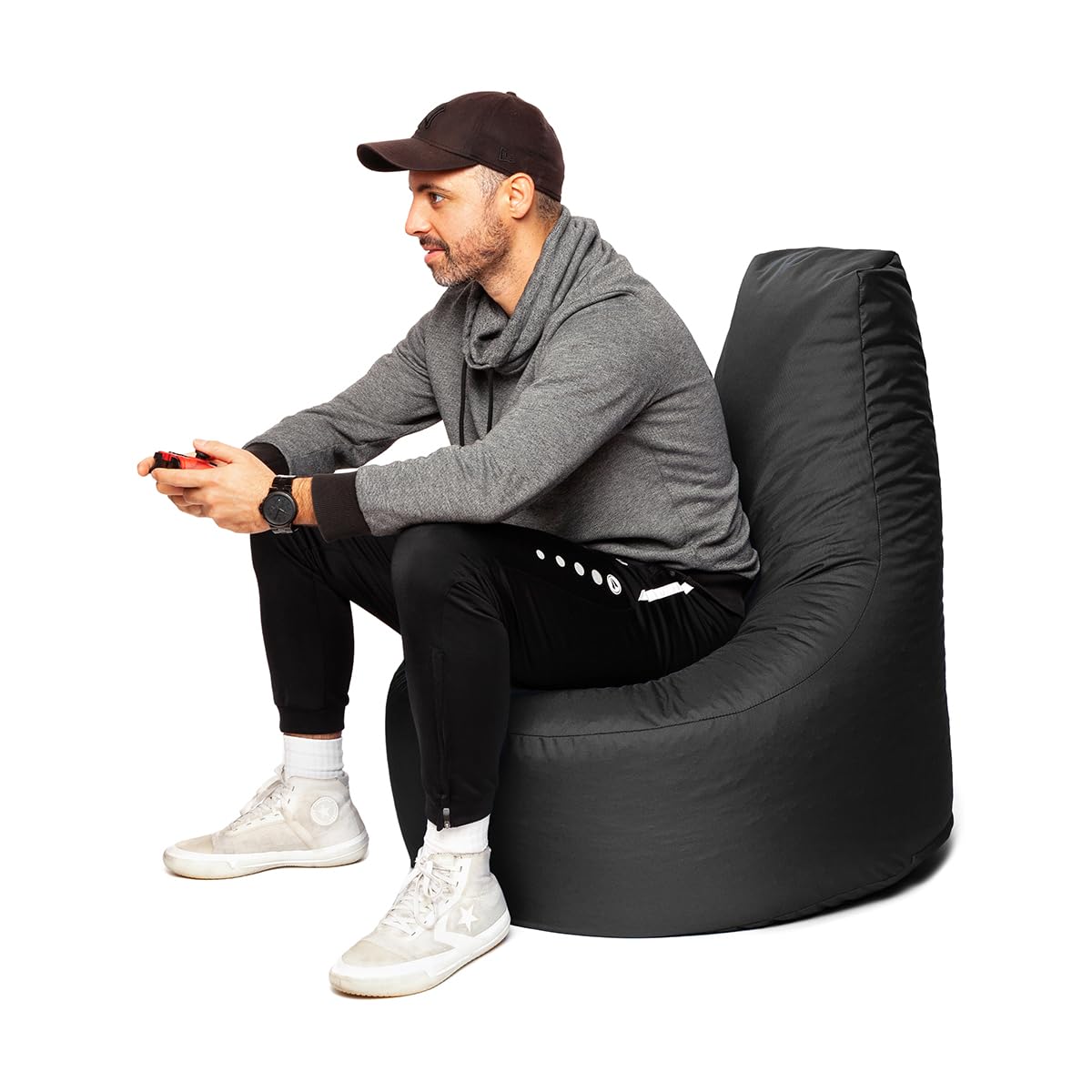 PATCH HOME Poltrona da gamer con cubo Bean Bag Set Ø 75 cm, altezza seduta 30 cm, altezza 80 cm + cubo 35 x 35 cm, colore nero