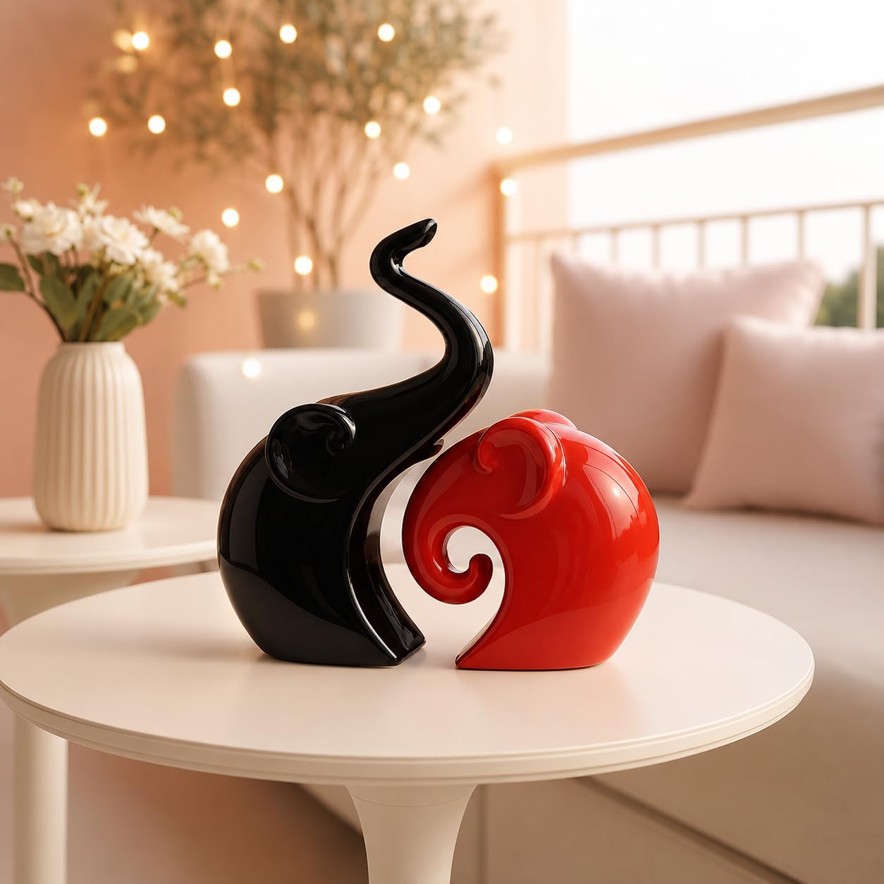 Xtore Home Decor Lucky Charm Elephant Couple | Piano Finish Ceramic Figures- (Set of 2 Piece, Red & Black)