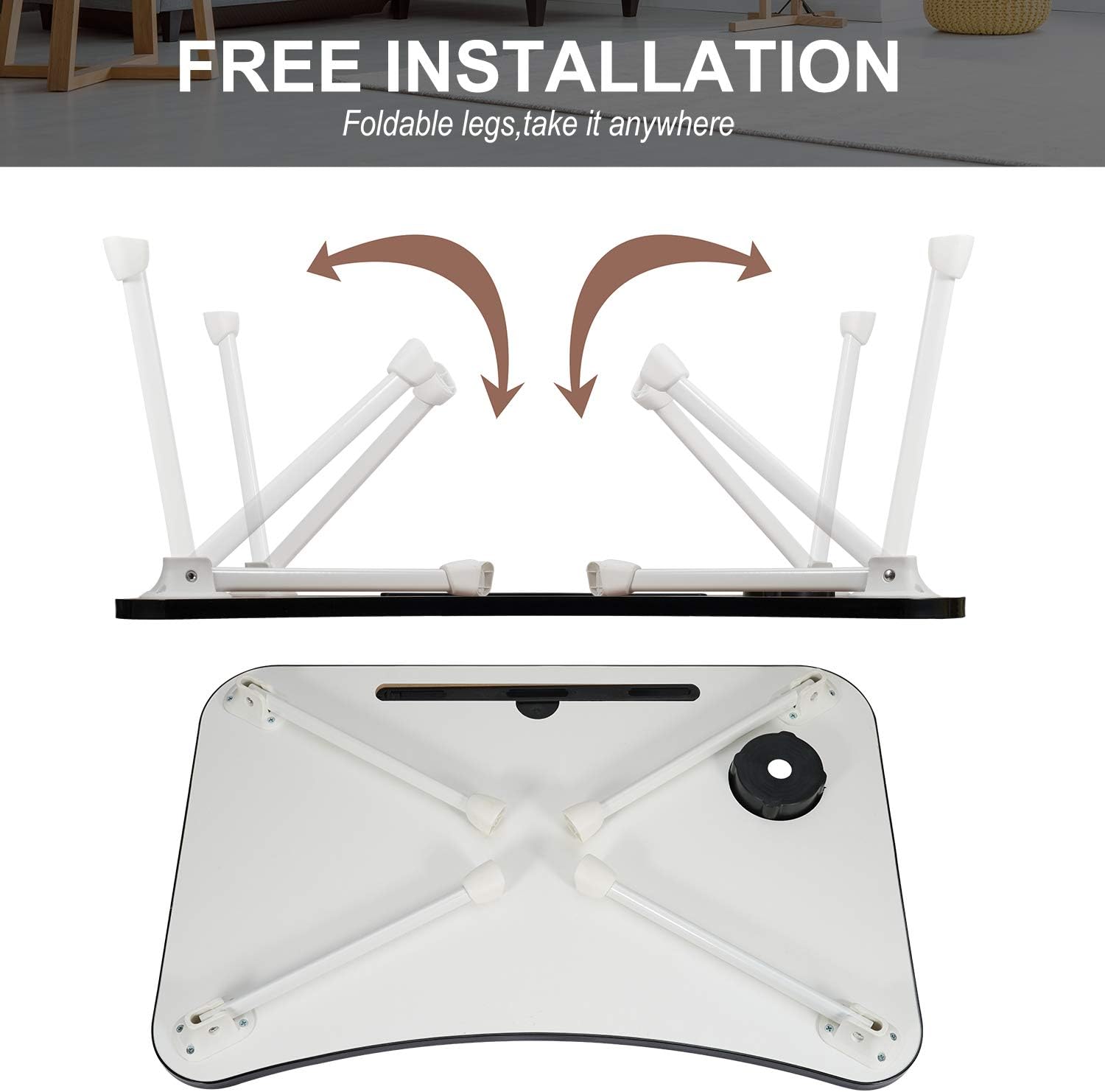 Folding Standing Laptop Desk Laptop Bed Table Notebook Stand Reading Writing Studying Breakfast Tray with Cup Holder，Portable Lap Desk Dining Table for Home Bed Office Children Adults - Black