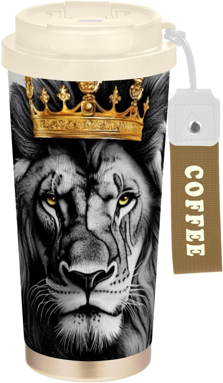 Insulated Coffee Mug Golden Lion Abstract with Straw & Flip Lid, 16.9oz Iced Tumbler Cup, Double Wall Vacuum Mug for Travel Office Camping