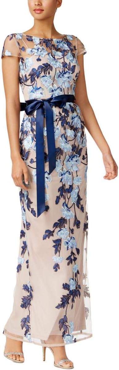 Adrianna Papell Women's Cascading Floral Column Gown | Floor Length Elegant Evening Gown with Satin Ribbon Tie & Cap Sleeves, Midnight Multi/Nude, 6