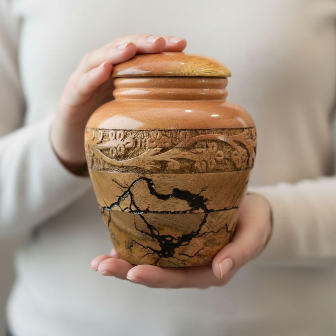 Handmade Wooden Cremation Urn with Floral Carving – Elegant Adult Ashes Memorial Keepsake Box for Male/Female Ashes Urn (Small - 20 lbs)