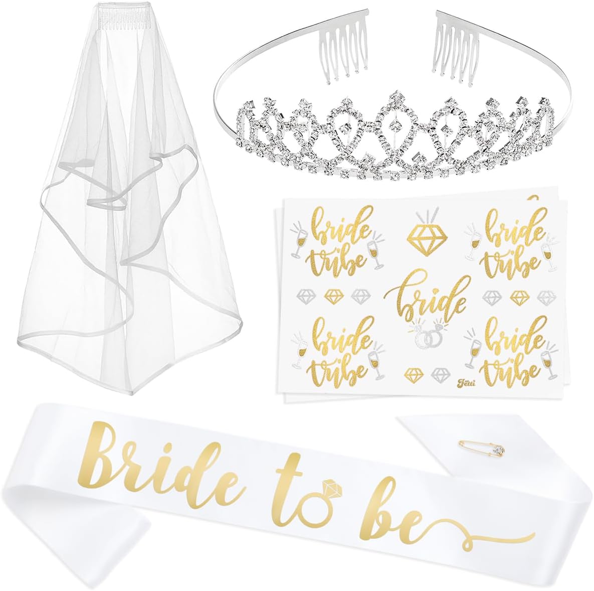 xo, Fetti Bachelorette Party Gift Kit – 4pc Bride to Be | Sash For Bride, Rhinestone Tiara, Veil + Bride Tribe Tattoos