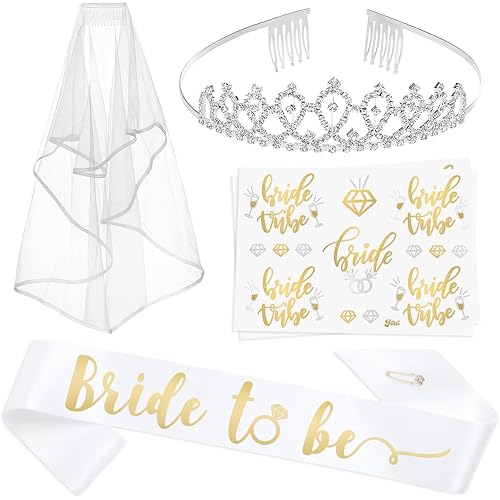 xo, Fetti 4pc Bachelorette Gift Kit | Bride to Be Sash, Tiara, Veil, Bow