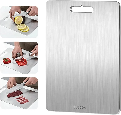 Tábua de Corte Aço Inox 304 Premium Reversível para Carnes, Legumes e Verduras - Retangular, Higiênica e Durável para Cozinha (36x25cm)