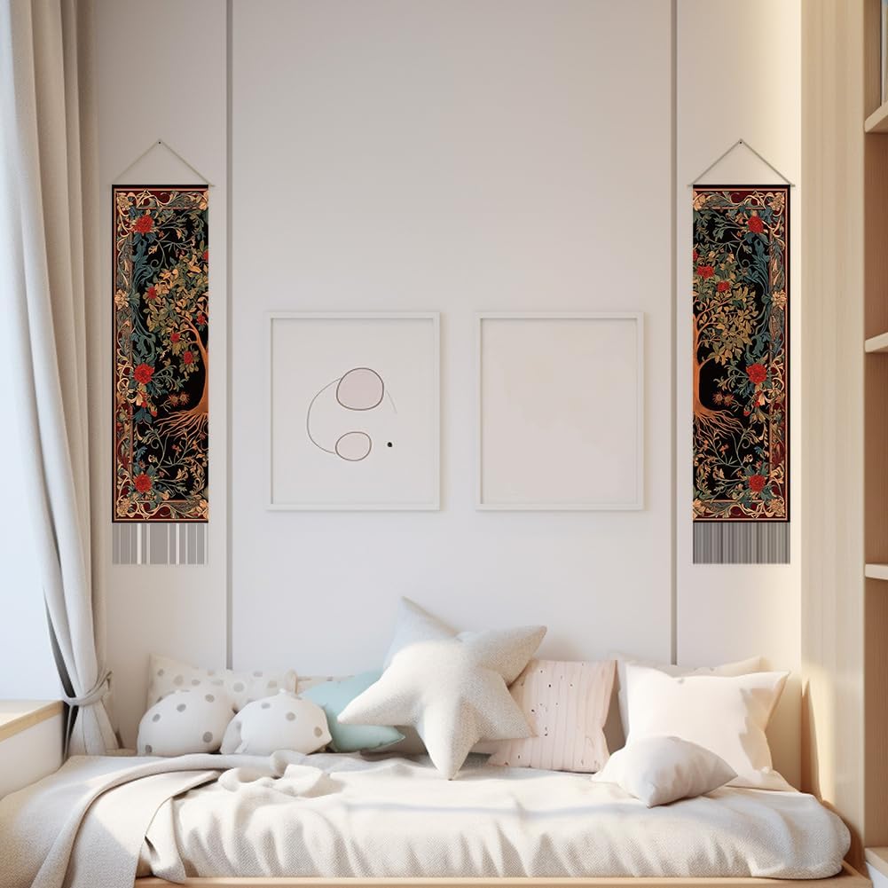 SUPERDANT Tree of Life Long Vertical Tapestry for Bedroom Folk Wall Hanging Narrow Art Vintage Blanket Decor 2 Pack Tapestries with Tassel for Home Living Room Dorm Gifts Brown 51x13 in