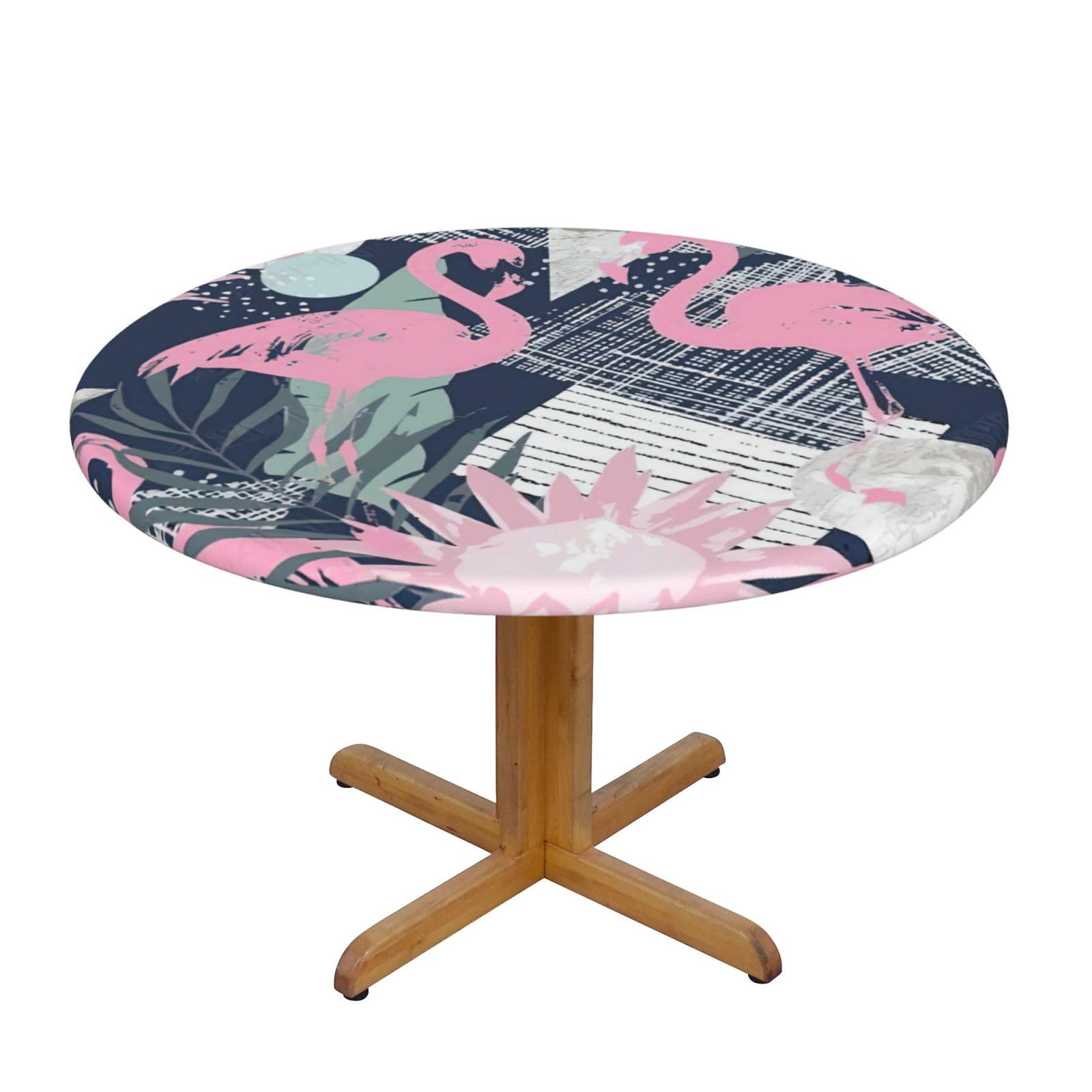DUWAA Pink Flamingo And Leaves Print Oxford Fitted Table Cover For Patio Picnic, Waterproof Round Tablecloth For Home And Outdoor
