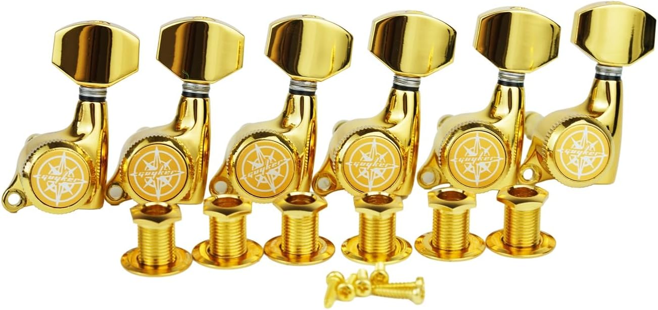 Guyker 6Pcs Guitar Locking Tuners (6 Left Handed) - 1:18 Ratio Lock String Tuning Key Pegs Machine Heads with Hexagonal Handle Replacement for LP SG Style Electric, Folk or Acoustic Guitars - Gold