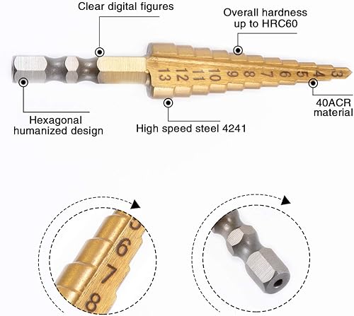 Miniatura 3 de KATUR - Broca escalonada de titanio HSS (11 tamaños de 3 a 0.512 in)