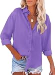 KISSMODA Womens Button Down Blouse Casual V Neck Long Sleeve Collared Shirts Business Office Plain Tops Fall Loose Blouses
