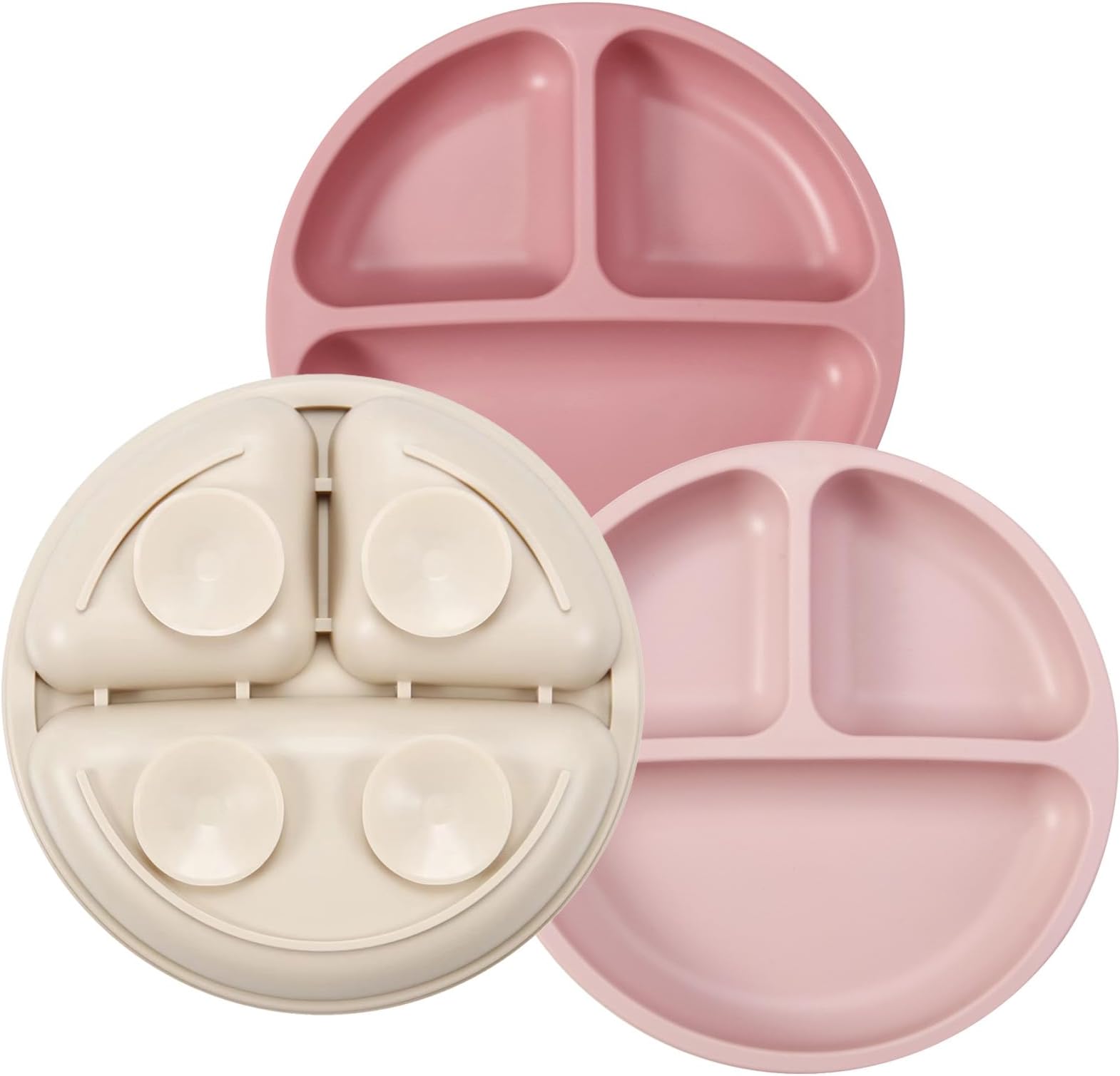 PandaEar Silicone Baby Plates - 3 Pack, Suction, Divided, Weaning & Dinner Set, BPA-Free (Pink, Linen, Light Pink)