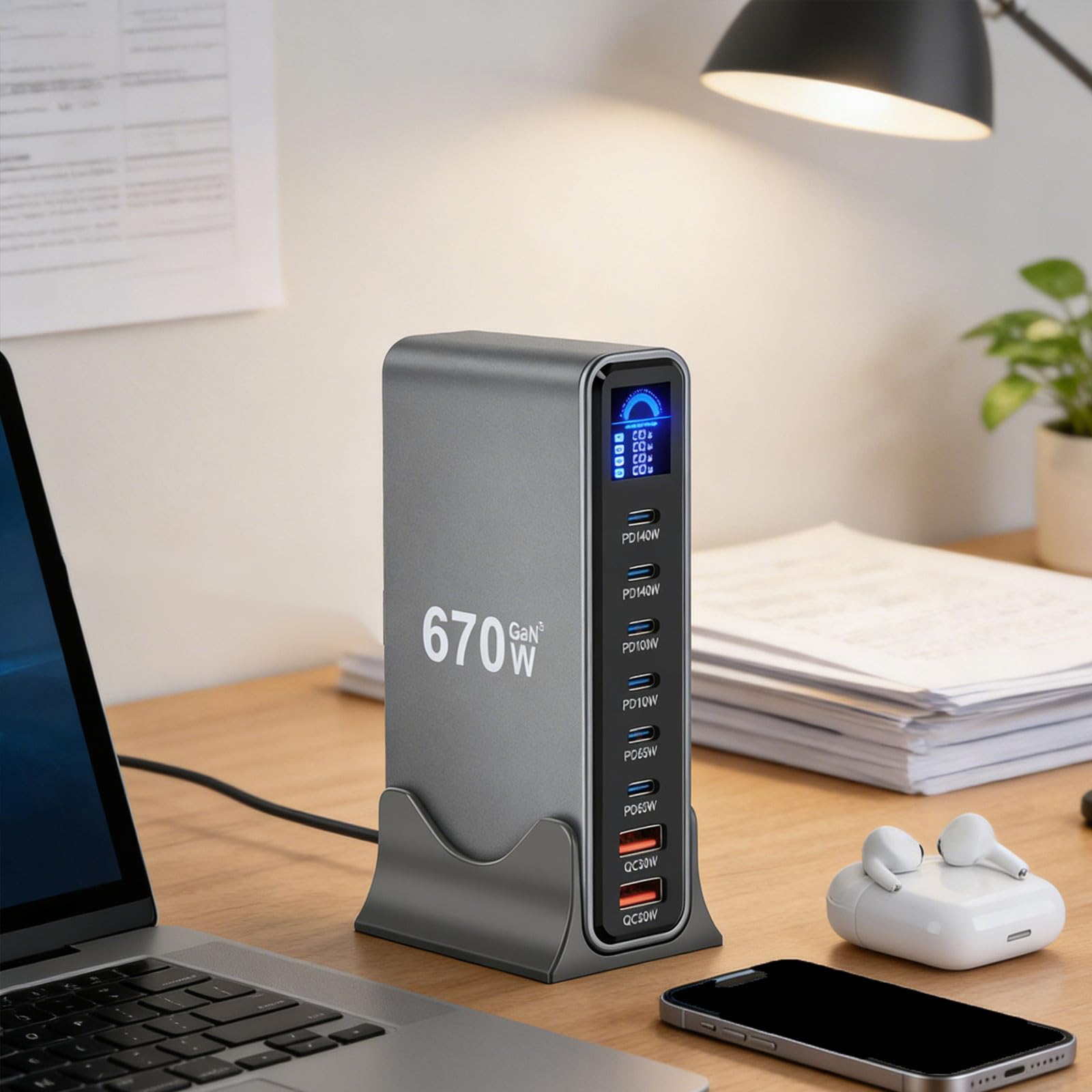 Station de charge USB de bureau avec écran LCD intelligent 540 W/670 W - Station de charge rapide USB pour tablette, smartphone, écran LCD, plusieurs ports, appareil rapide