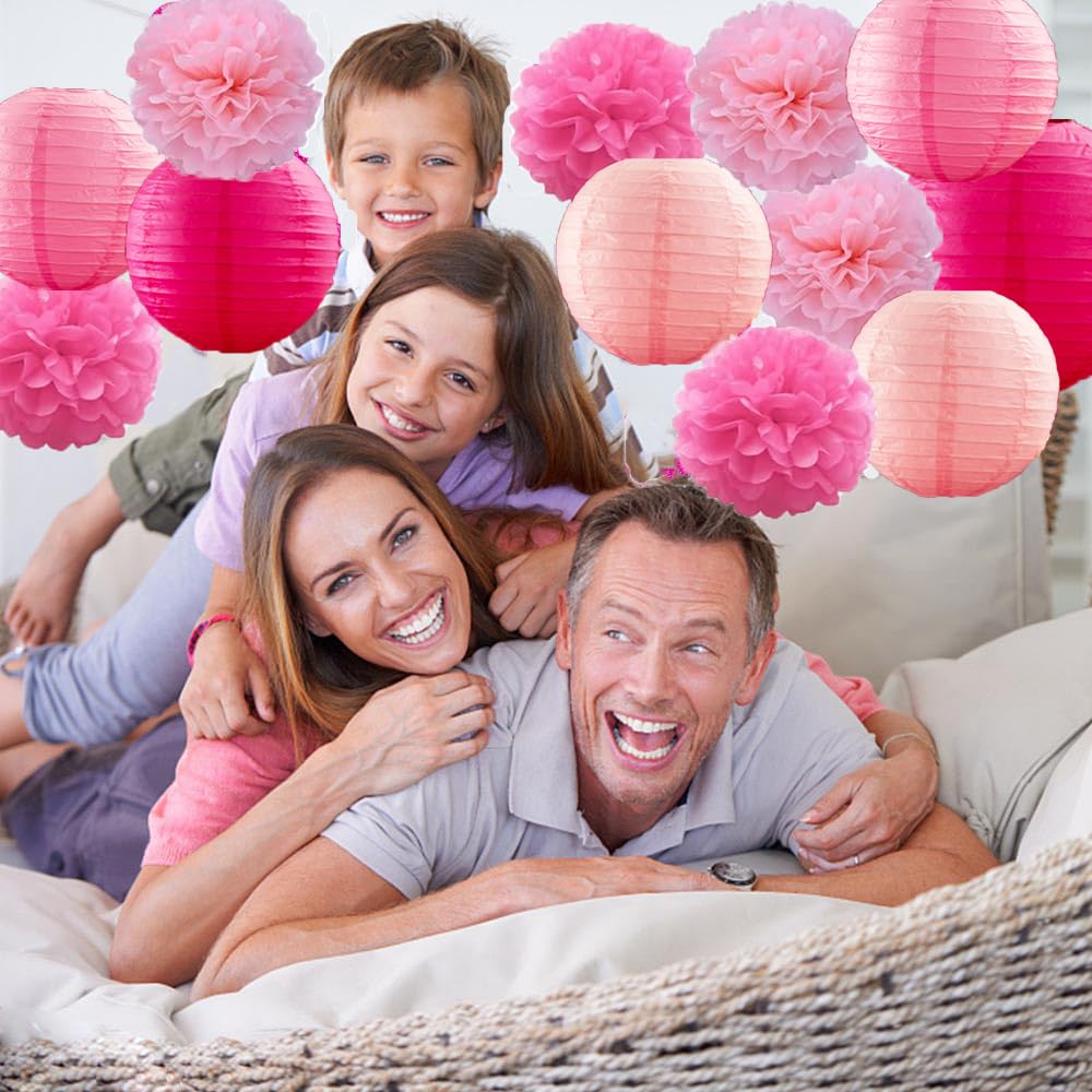 15 Pcs Pink Paper Lanterns Rose Red and Pink Round Chinese Lanterns Tissue Flowers for Wedding Birthday Mothers Day Engagement Baby Showers Party Decorations