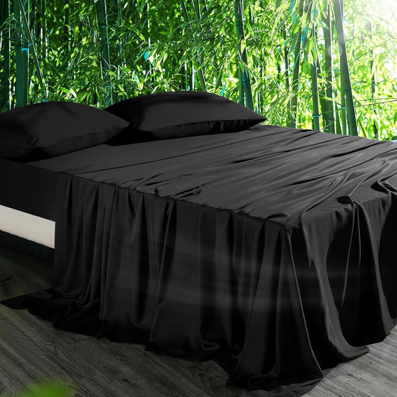 Gezu Kühlend Spannbettlaken 180x200cm Schwarz 100% Bambus Lyocell Tencel Weich Hypoallergen Thermoregulierend Spannbetttuch Bettlaken 180x200cm...