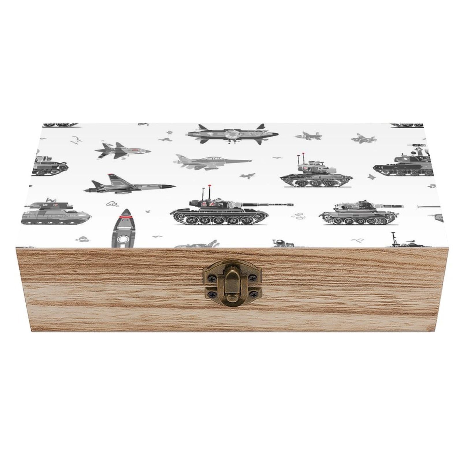 HLBSDM Military Airplane Pattern Fighter Tank Wooden Box with Hinged Lid Decorative Storage Case Container