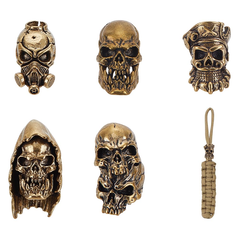 UNICRAFTALE 5Pcs 5 Styles Paracord Beads Knife Lanyard Beads Skull Head Bead Antique Gold Skeleton Beading Halloween Large Hole Spacer Bead for Necklace Bracelet Jewelry Making Hole 4-5.5mm