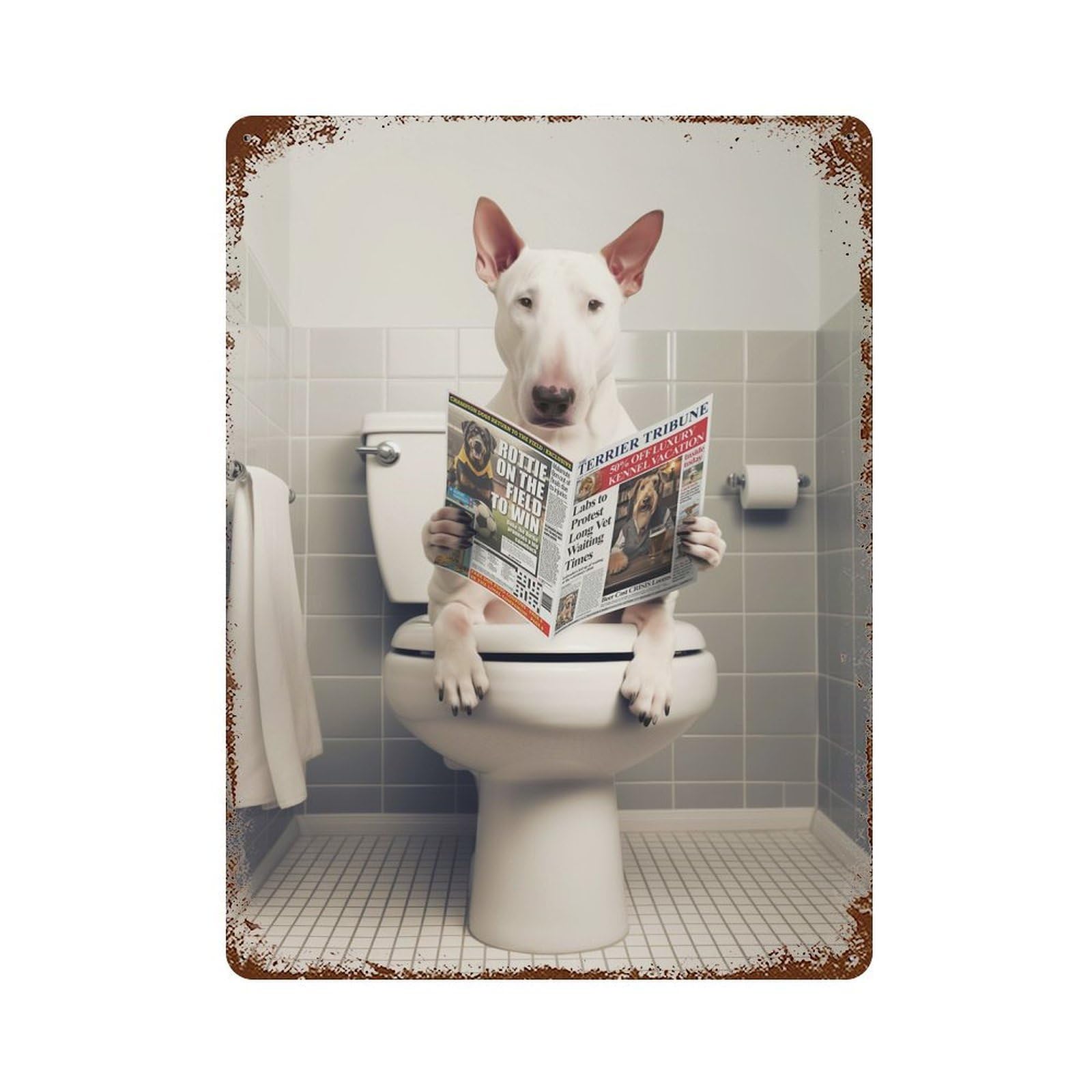 Vintage Rust Metal Sign Bull Terrier on The Toilet 15.7"x11.8", Decorative Metal Wall Art for Basement, Hobby Room And Garage Decor
