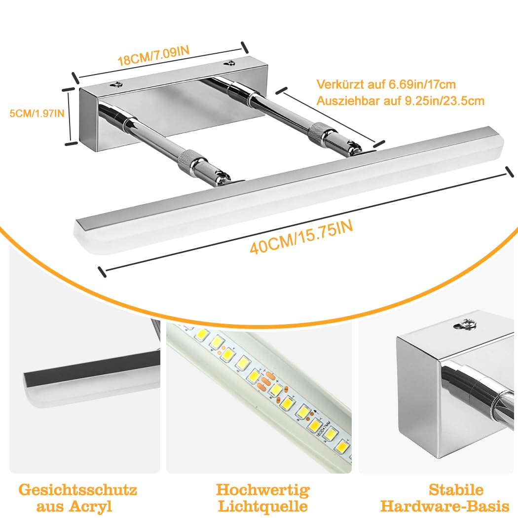 Spiegelleuchte Bad 40cm,9W Spiegelleuchte mit Verstellbarem Winkel | Drei Einstellbare Farbtemperaturen,800LM IP65 Moderne Spiegellampe Badezimmer,Teleskopstange,Rasur und Make-up Schlafzimmer