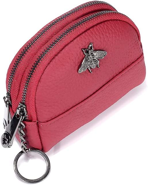 Small Bee Zipper Coin Purse Pouch Wallet Genuine Leather Change Purse Holder for Women with Keychain Ring (Wine red) - Image 4