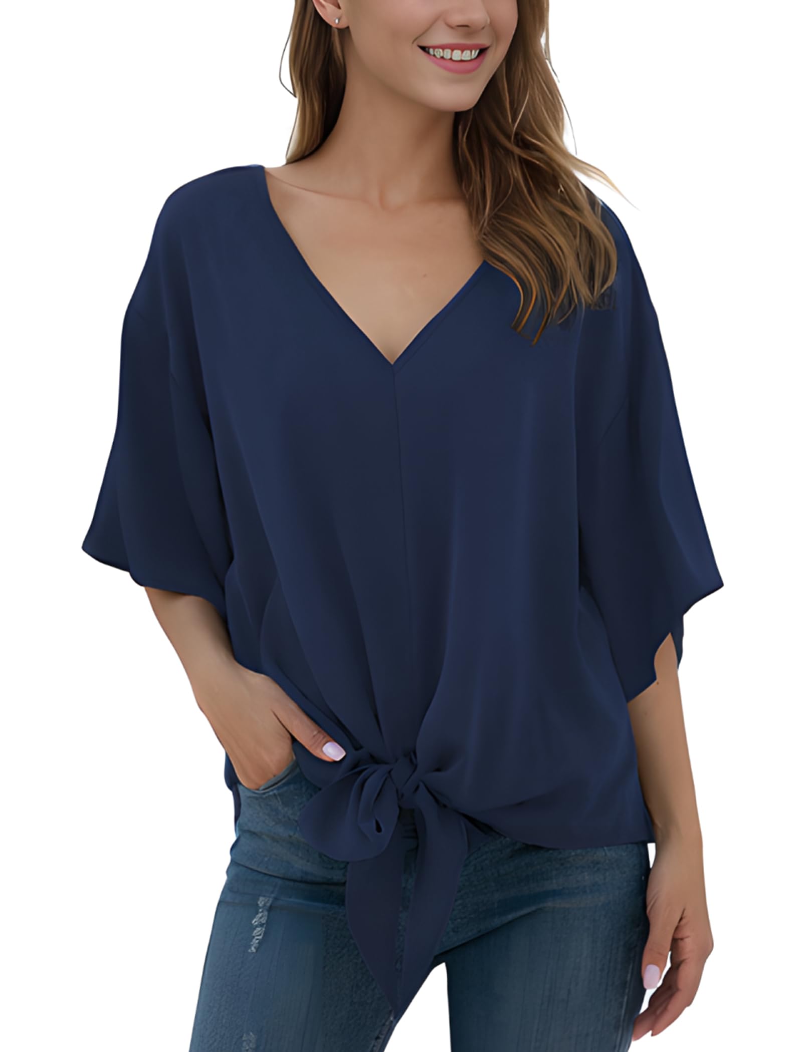 Anelune Damen Chiffon Bluse zum Knoten, Sommer Kurzarm Oberteile | V-Ausschnitt Tunika, Elegant Tops, Loose Casual T Shirts, Tie Front Bluse mit Trompetenärmeln