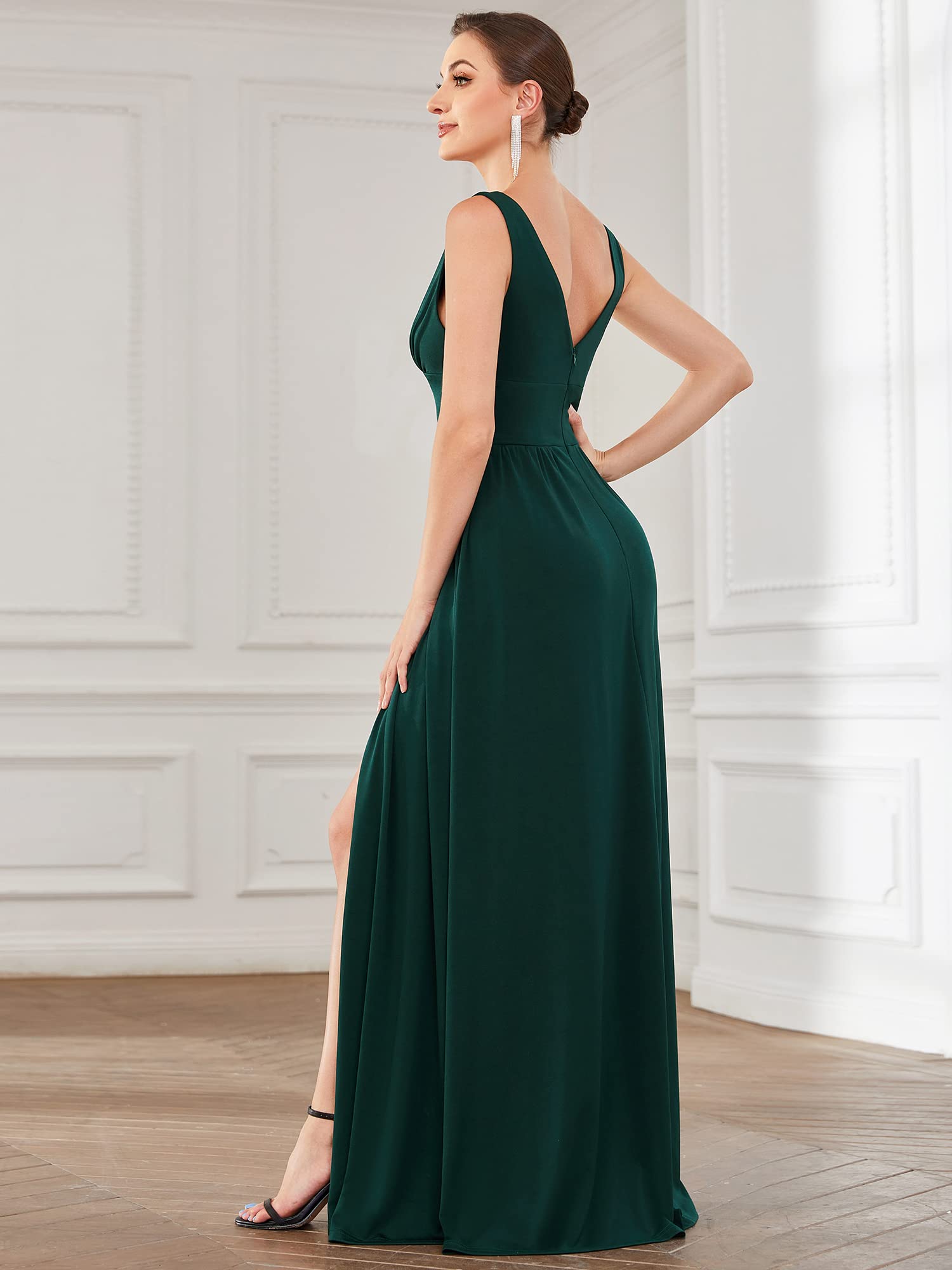 Ever-Pretty Abiti da Cerimonia da Donna Alta Elasticità Scollo a V Linea ad A con Spacco Stile Impero Verde Scuro 42