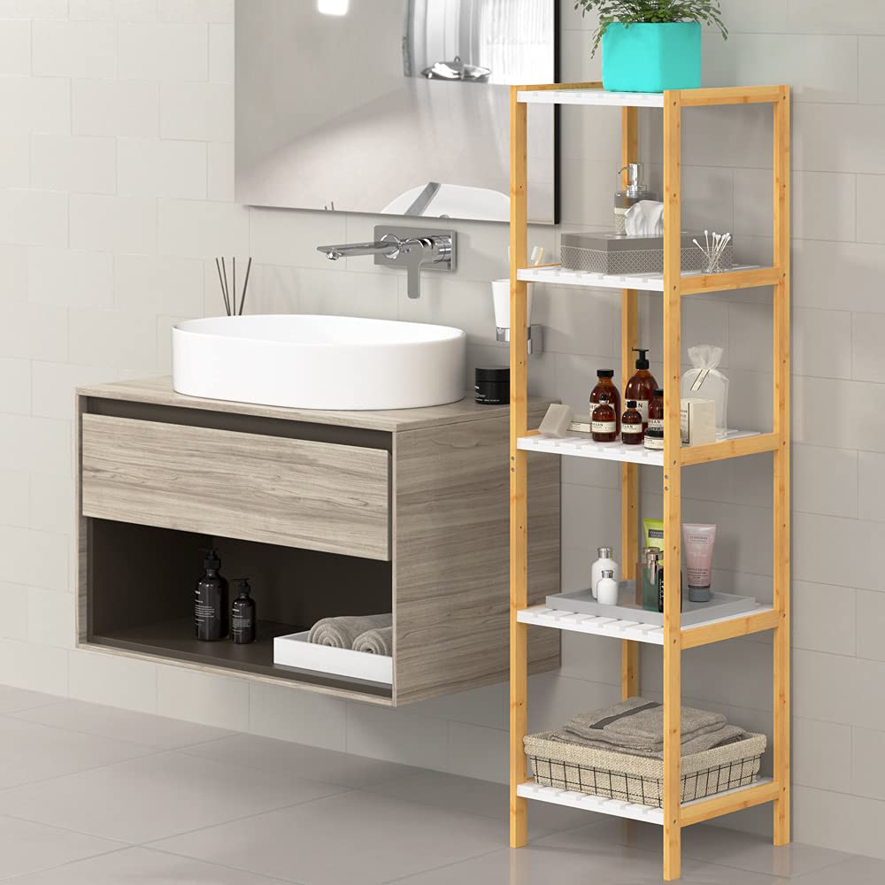 CASARIA Estantería de baño de Madera de bambú con 5 estantes 140x33x34cm Repisa Blanco y Natural