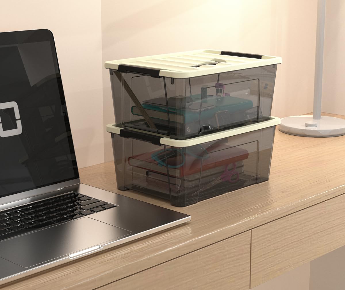 9-pack clear small plastic storage bins with khaki safety lids and black latch locks, durable stackable nestable organization containers, 6 quarts