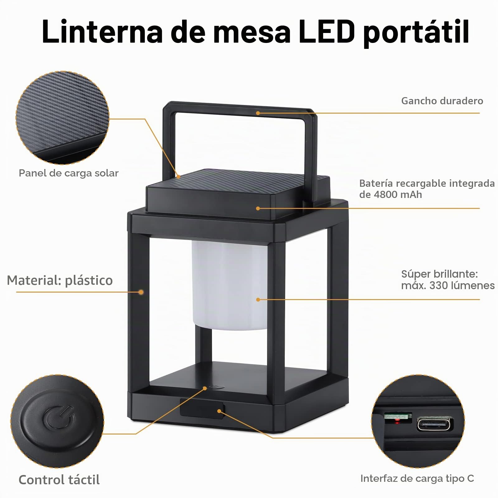 Lámpara de mesa para exteriores, linterna solar, 3 niveles de brillo LED, 4800 mAh, recargable, portátil, impermeable, control táctil, luz nocturna para patio, dormitorio, lectura, caminata