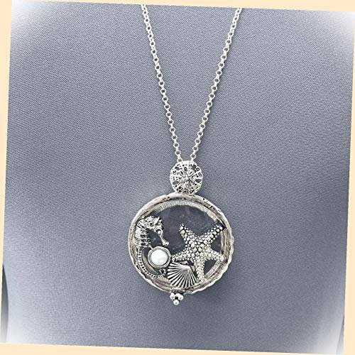 Long Silver Chain Sea Horse Starfish Sea Life Magnifying Glass Pendant Necklace Set For Women