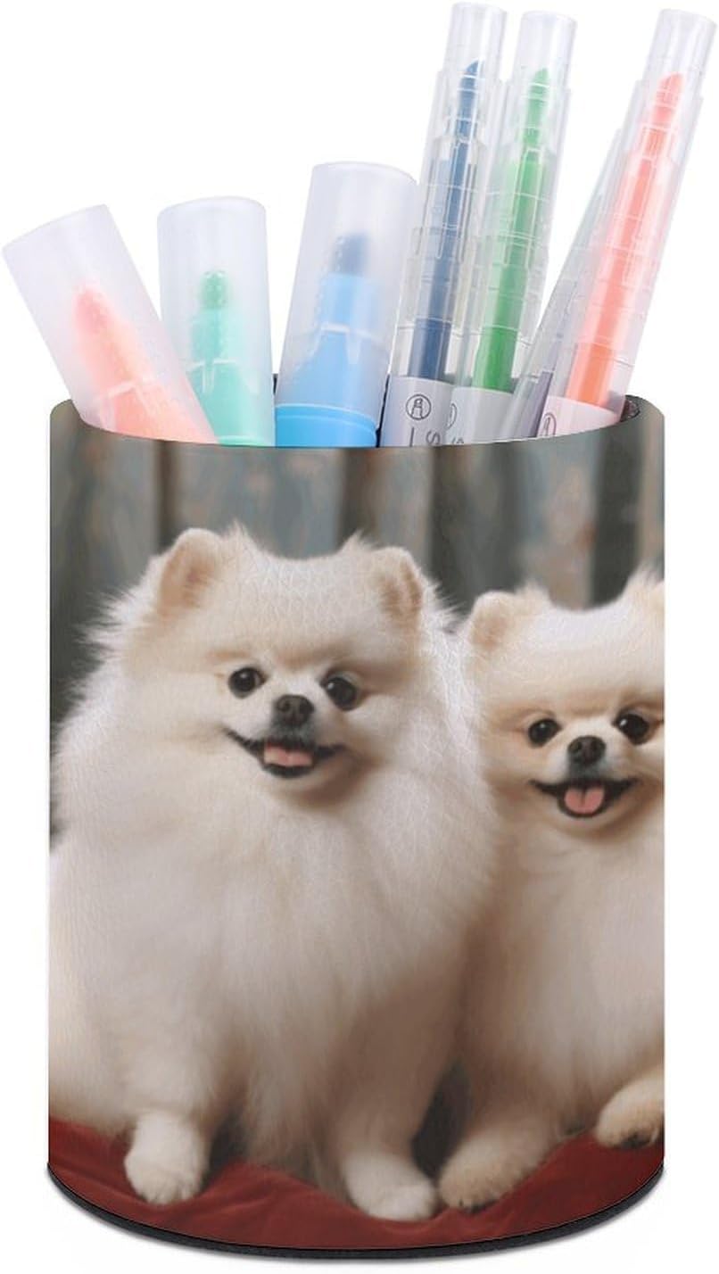 Round Pu Leather Pen Cup Holder for Office Desk Accessory
