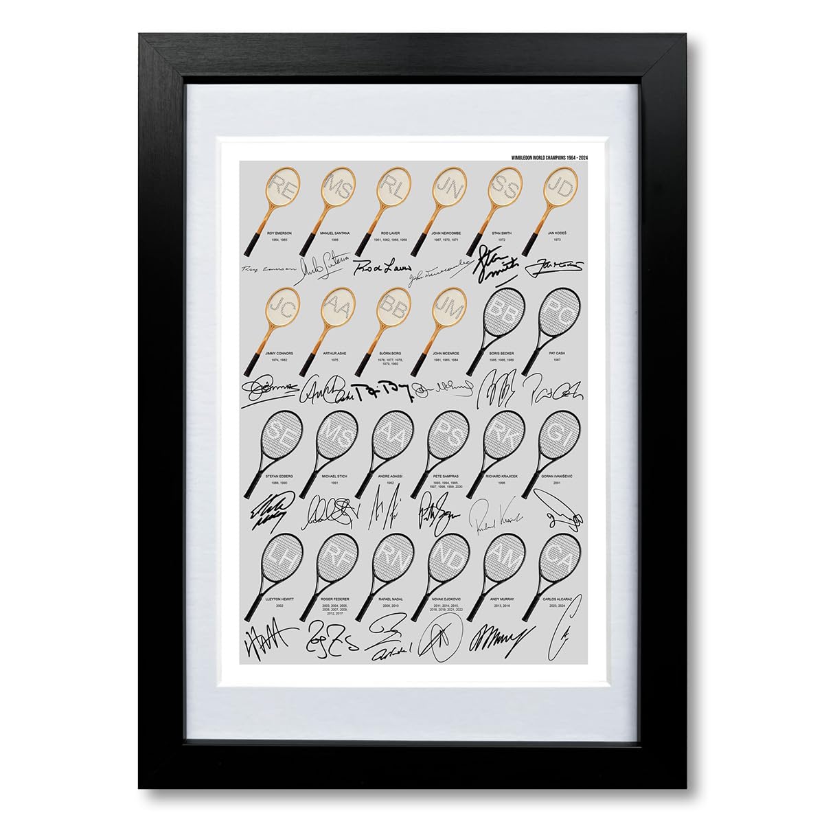 Mounted Gifts Trading A4 Framed & Mounted Wimbledon Champions 1964-2025 Winners Signed Poster Print Framed Picture Photo Autograph Gift Andy Murray Novak Djokovic Rafael Nadal Roger Federer Carlos Alcaraz (A4 Framed & Mounted)