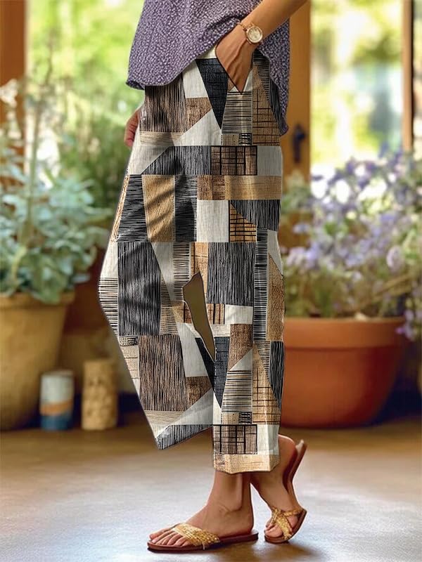 HOTYD Women's Boho Floral Printed Pants Elastic Waist Straight Leg Summer Casual Beach Cropped Trousers with Pockets2