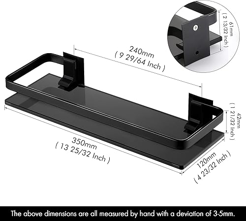 Miniatura 3 de KES Estante de vidrio negro para baño, estante de pared de vidrio templado extra grueso, rectangular, paquete de 2, estante flotante de vidrio de