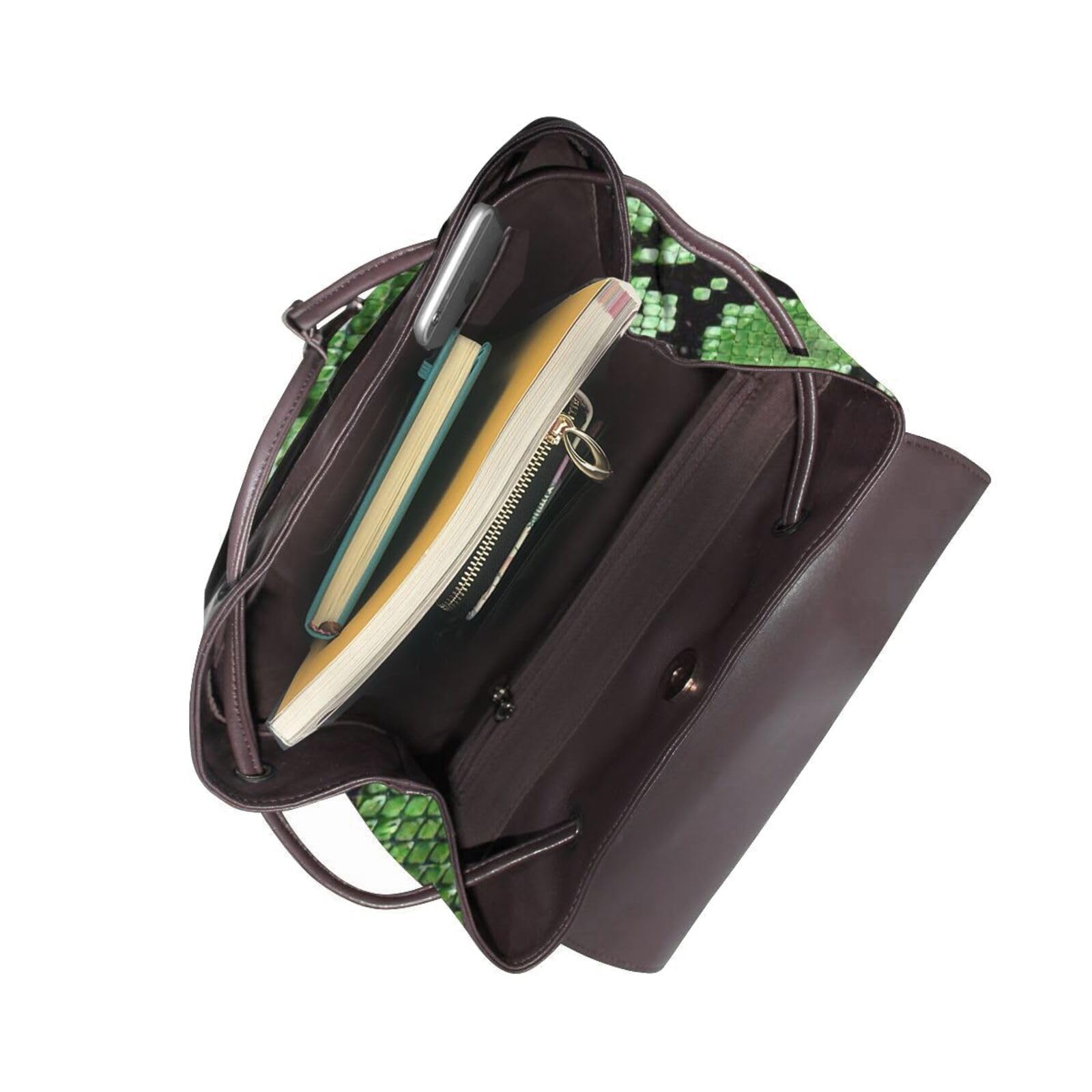Mochila para mujer con estampado de piel de serpiente verde, ligera, versátil, moderna, diaria, casual, para viajes y trabajo