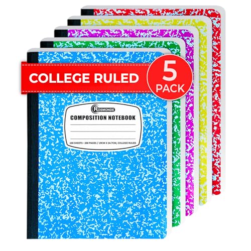 Image of Rosmonde 5 Pack Composition Notebooks College Ruled, 200 No Bleed Pages (100 Sheets) 9-3 /4x7-1 /2 Notebooks for Work, Back to School Supplies for College Students, Notebooks for Women, Colors May Repeat