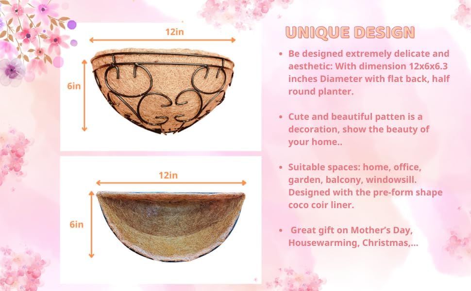 Miniatura 7 de Cesta de metal para flores de pared con forro de coco y fibra de coco, soporte para macetas de balcón, semicírculo, vertical, riel de jardín, valla,