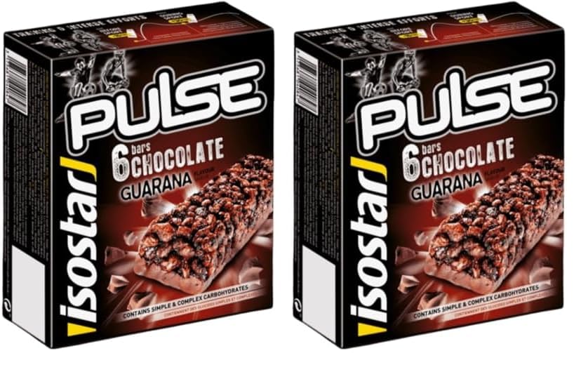 Isostar Barritas Pulse, Barritas de chocolate con leche energéticas con hidratos de carbono de utilización rápida y progresiva, guaraná y alto contenido en vitaminas, 6x23g (Paquete de 2)