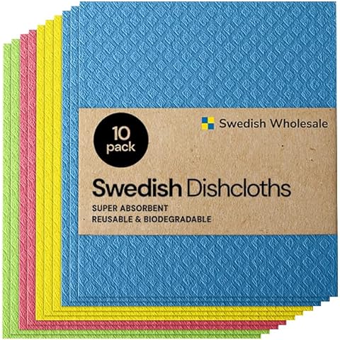 Swedish Dishcloth Cellulose Sponge Cloths – Bulk 10 Pack of Eco-Friendly No Odor Reusable Cleaning Cloths for Kitchen – Absorbent Dish Cloth Hand Towel (10 Dishcloths – Assorted) Cover