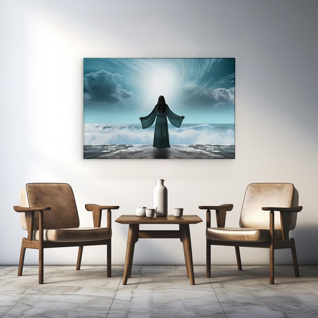 Canvas for Living room. Embracing the Fury of the Sea � A Solitary Woman Against the Roaring Waves, 27 x 18 inch Canvas Wall Art - Modern Home Decor - 69x46 cm (27x18 inch)