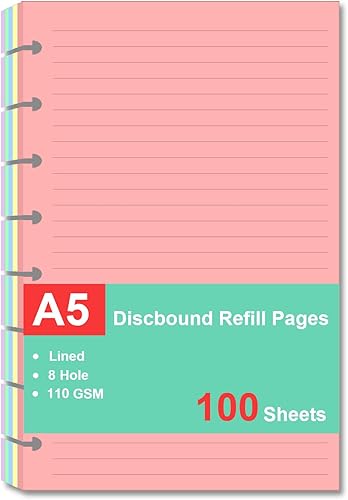 Papel de recambio de tamaño junior, papel de hojas sueltas A5 para sistema de toma de notas personalizado TUL, 5 colores (20 hojasC), total 100