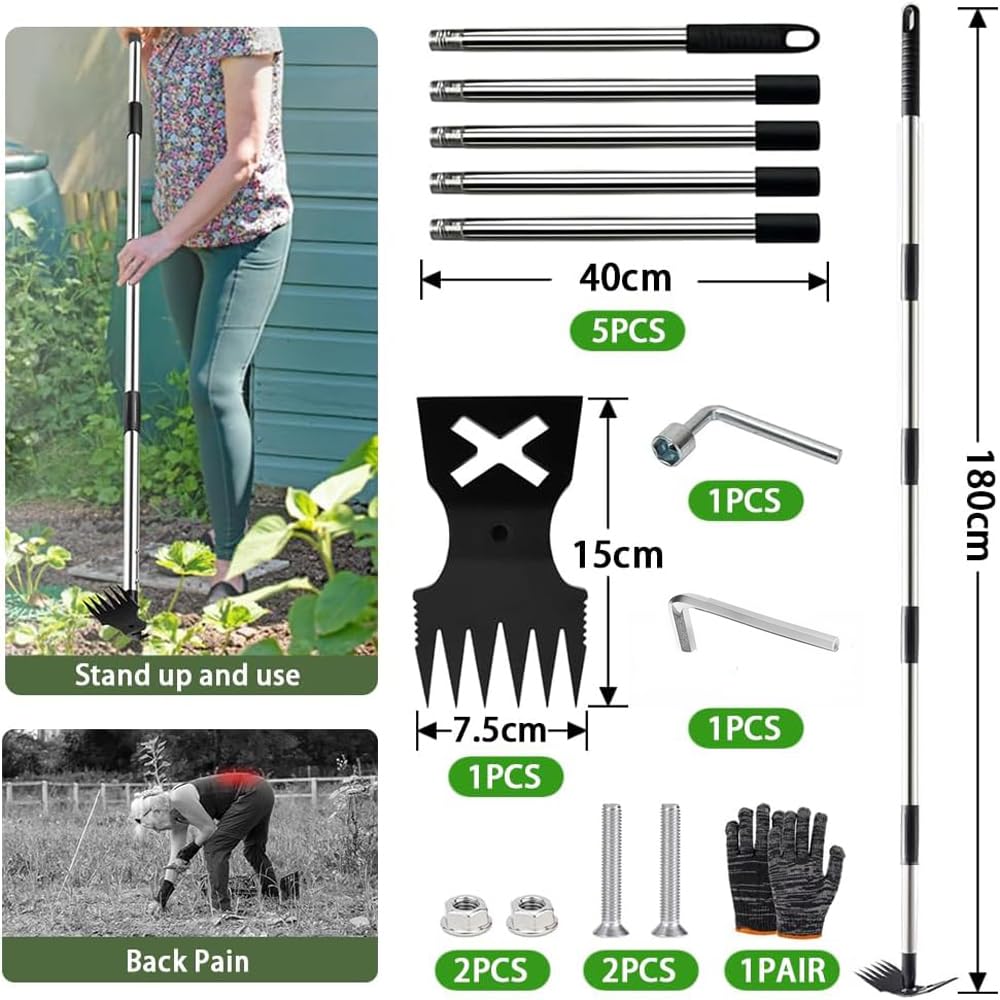 Estirpatore Erbacce con Manico Lungo 180 cm, Strumento da Giardinaggio 2 in 1, Strumento per Rimuovere le Erbacce con Manico Lungo, per Erbacce e Zappa da Giardino, Resistente, per Cortile, Prato