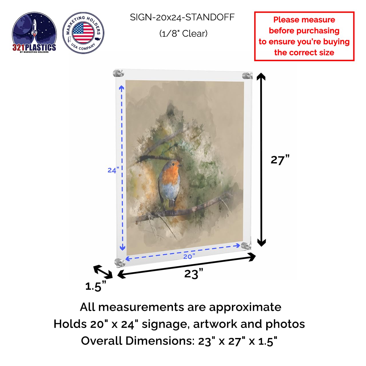 Marketing Holders Wall Graphic Poster Holder 30 X 40 With Standoffs Overall Dimensions: 33" X 43" X 1.5" Floating Acrylic Frame Peel Protective Film Lobbies Clear Acrylic