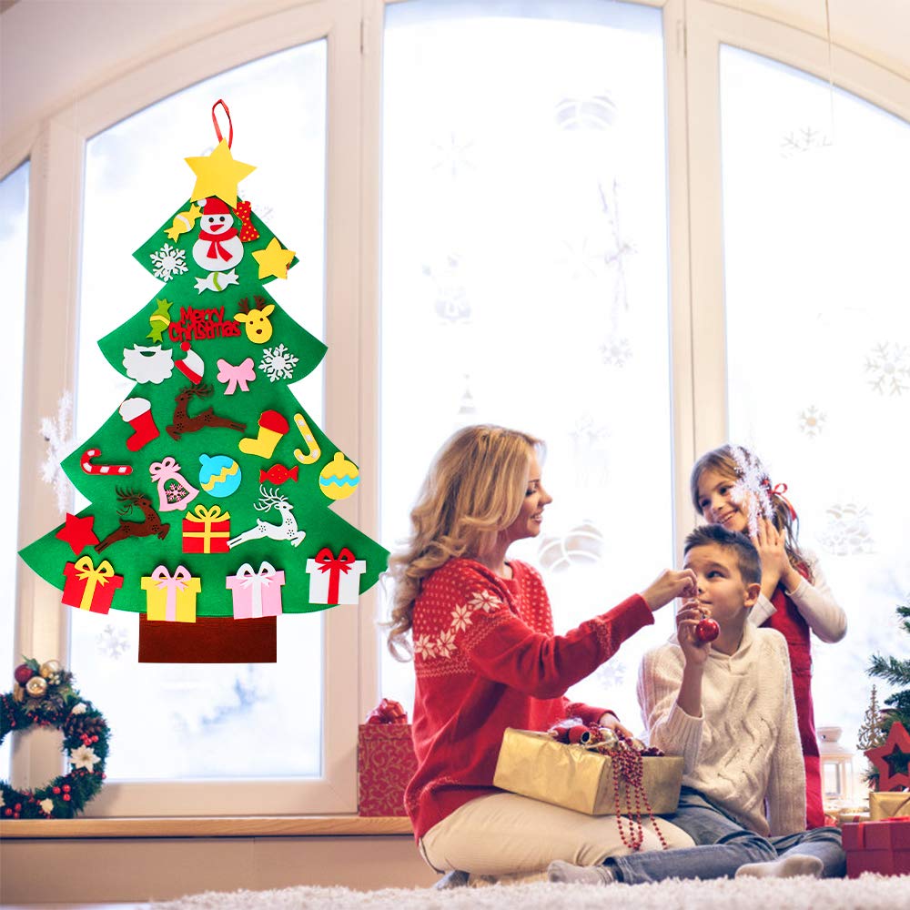 Sapin de Noël en feutre pour enfants, petits ornements de sapin de Noël en bois, sapin de Noël en feutre pour tout-petits, sapin de Noël à suspendre au mur pour l'affichage de