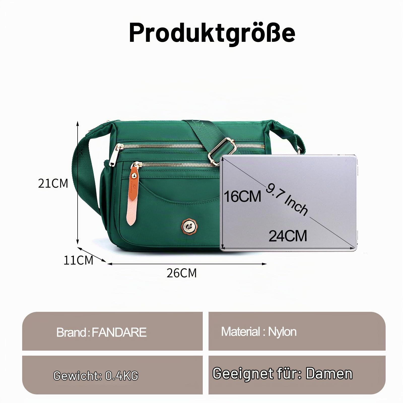 FANDARE Ultraleicht Damen Umhängetasche Nylon Schultertasche Handtaschen Elegant Umhängetasche mit verstellbarem breitem Riemen Frauen zum Umhängen Damentasche Multi-Tasche Messenger Bag Grün