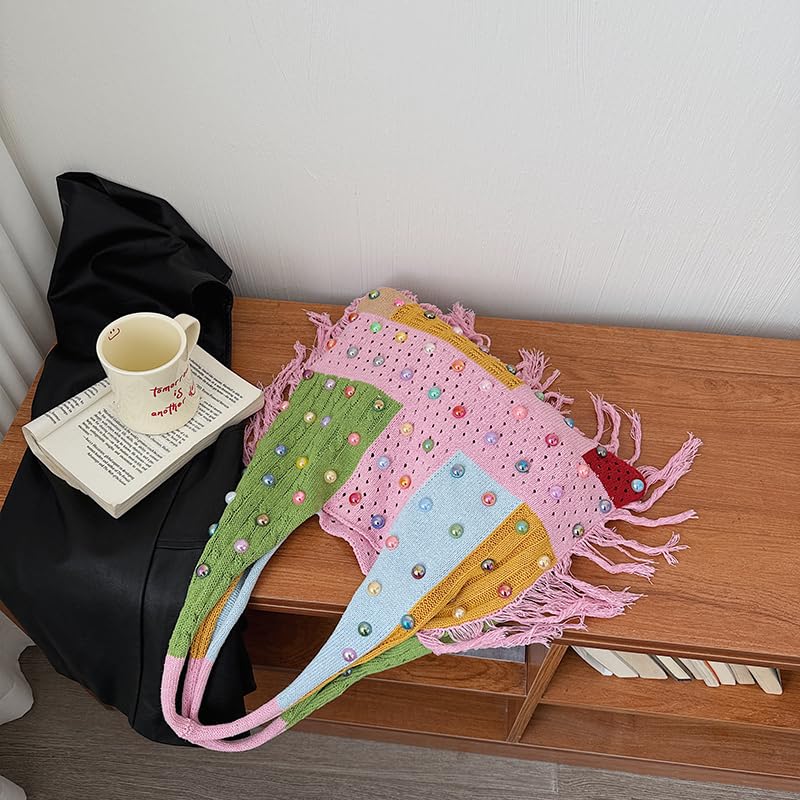 Bolso tote de crochet bohemio estilo playa con cuentas de colores miniatura 4
