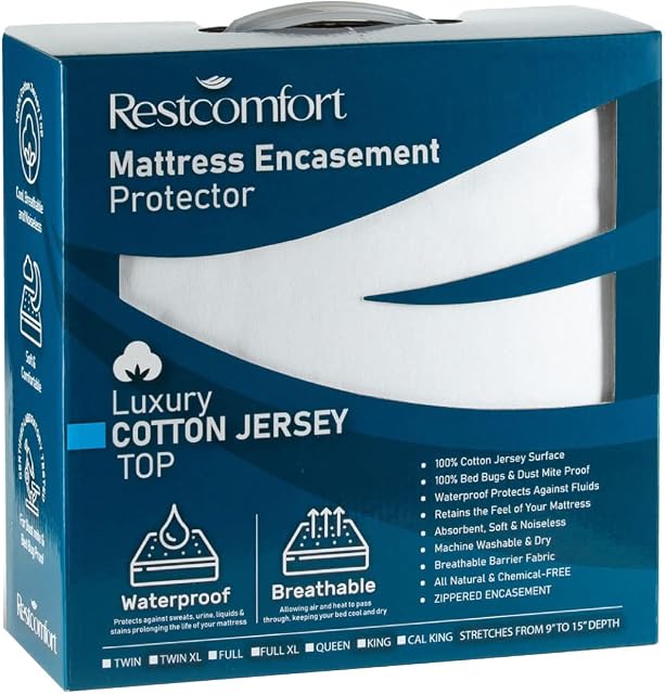 Rest Comfort Zippered Mattress Protector and Encasement - Dust Mite and Bed Bug Proof with Cotton Jersey Top - Hypoallergenic and Water Resistant (Stretches 9-15 Depth, King)